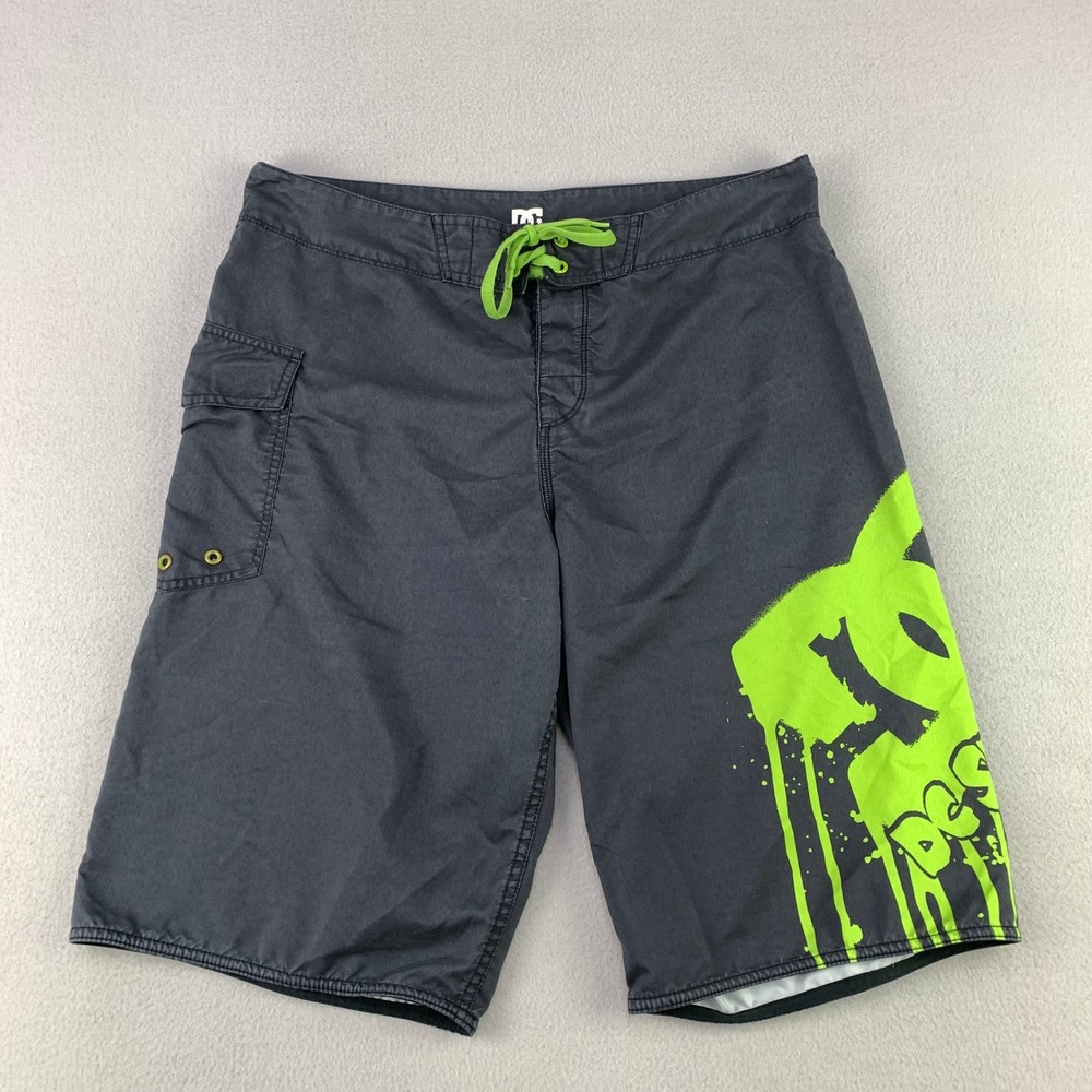 Vintage DC Shoes Boardshorts Mens 34 Black/Slime Green Long Baggy Surf Y2K Skate